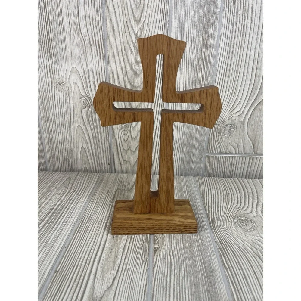 Vintage Oak Stained Wooden Standing Cross 9x5.75 Handcrafted Decor